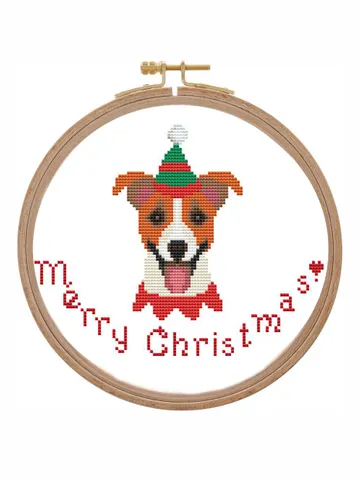 Christmas Jack russell ornament cross stitch pattern counted PDF Modern cross stitch dog face in santa hat simple beginner