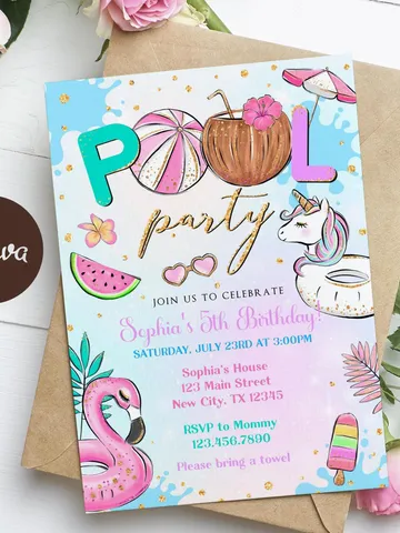 Pool Party Invitation Girl, Pool Party Unicorn Invitation Instant Download, Swimming Party Invite, Canva Editable Template $7.00