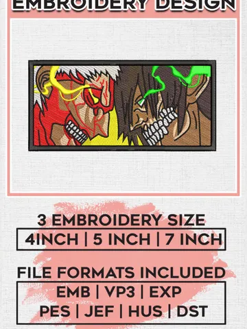 Attack on Titan, Reiner vs Eren Embroidery Files, Anime Inspired Embroidery Design, Machine Embroidery Design EMB_ANIME_248 $6.99