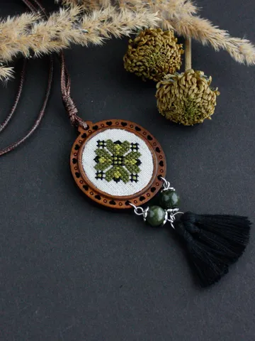 Olive green long boho pendant with tassels Handmade aesthetic bohemian necklace with jade for women Handmade Ukrainian folk wooden jewelry