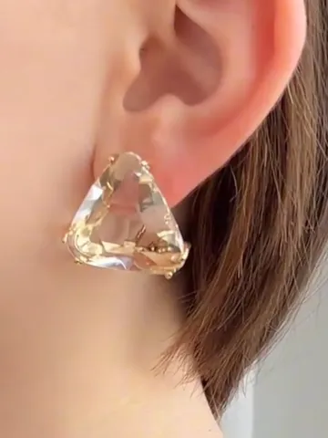 Gold plated earrings with a large triangular crystal stone i, women's triangle earrings $89.00