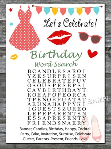 Ladies theme Birthday Word Search Game,Adult Birthday party game-fun games for her-Instant download $1.75