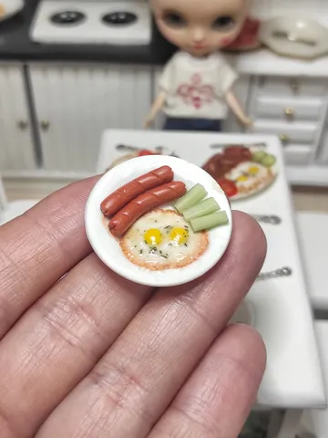 Small food, micro, miniature, breakfast for doll, scrambled eggs, sausage, dollhouse miniature, mini food, food for doll $15.00