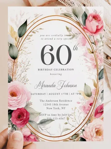 60th Birthday Invitation for Women – Blush Pink & Gold Floral, Elegant Printable Party Invite for Women or Mother, Digital Canva Template $7.00