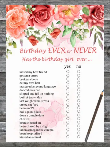Red Rose Birthday ever or never game,Adult Birthday party game-fun games for her-Instant download $1.75