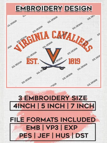 Virginia Cavaliers Est 1819 Embroidery Designs, NCAA Virginia Cavaliers Team Embroidery, NCAA Team Logo, 3 sizes, Machine embroidery Files, Digital Download $6.99
