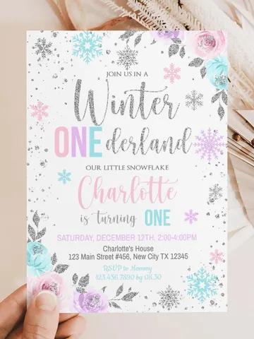 Winter Onederland Birthday Girl Invitation, Winter Wonderland 1st Birthday Invitation, First Birthday Snowflake Editable Template i098 $7.00