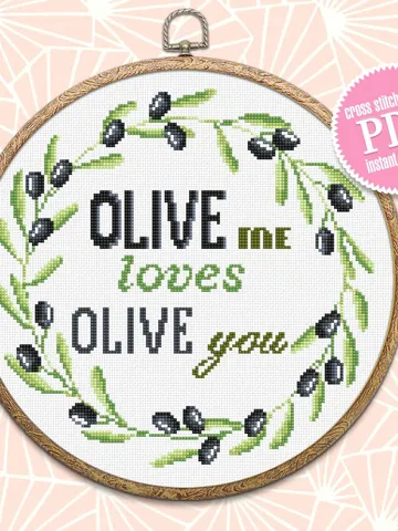 Olive wreath cross stitch pattern digital PDF Floral cross stitch quote OLIVE me loves olive you Easy beginner stitch Olive tree chart #Q22 $4.50