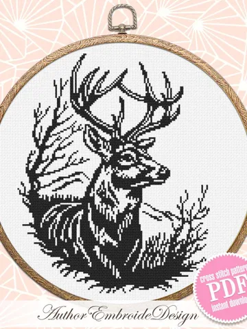 Woodcut deer cross stitch pattern PDF download Animal cross stitch chart Monochrome deer pattern digital PDF Deer silhouette embroidery #L90 $4.50