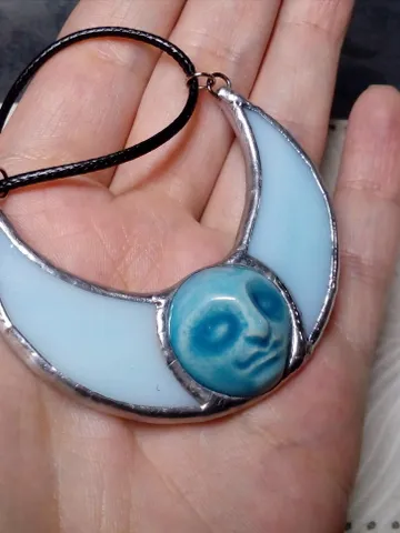 Stained glass blue moon, moon phase necklace, stainglass crescent, full moon pendant, moon face $70.00