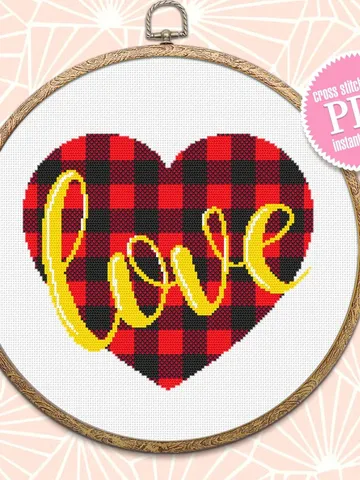 Heart buffalo plaid cross stitch pattern download PDF, Valentine's day cross stitch chart, Love quotes beginner stitch, Heart embroidery #V1 $4.20