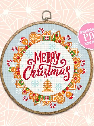 Merry Christmas cross stitch pattern download PDF Gingerbread wreath cross stitch chart Christmas pattern digital DIY Christmas decor #N23 $4.60