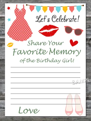 Ladies theme birthday Favorite Memory of the Birthday Girl,Adult Birthday party game-fun games for her-Instant download $1.75