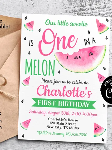 One in a melon invitation, 1st birthday invitation for girls, watermelon birthday invitation, editable template instant download $7.00
