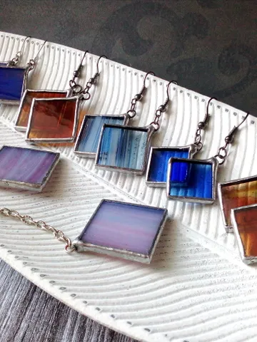 Simple stained glass, blue earrings, cute squar earrings, geomentic earrings $23.00