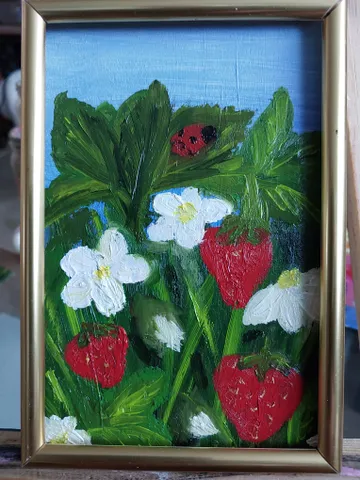 Oil Painting Strawberry Summer Berries Flowers Nature Wall Decor Miniature Cardboard 15x10 cm 6x4 inches In a frame $45.00