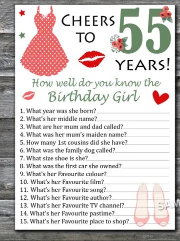 55th Birthday How well do you know the birthday girl,Adult Birthday party game-fun games for her-Instant download $1.50