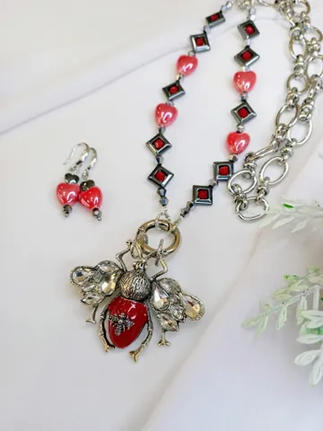 Red bee hearts necklace and earrings set, statement bee jewelry, bee gift, insect jewelry, heart earrings necklace set $52.00