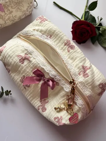Princess Bow Makeup Pouch, Girly cosmetic bag, personal items holder, with a cute lace detail