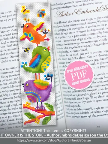 Folk bird bookmark cross stitch pattern PDF download Funny birds cross stitch chart, Cute bookmark pattern digital PDF Bird lover gift #B415 $4.40