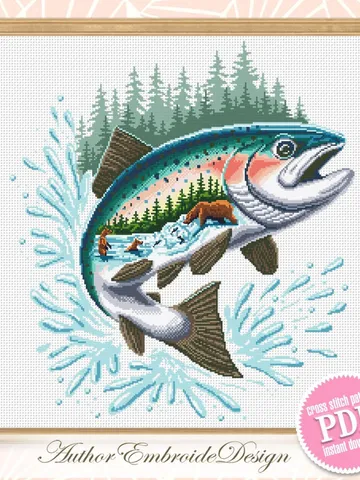 Salmon Fish cross stitch pattern PDF download Katmai national park cross stitch chart, Bears catch fish, Nature landscape pattern PDF #L80 $5.90