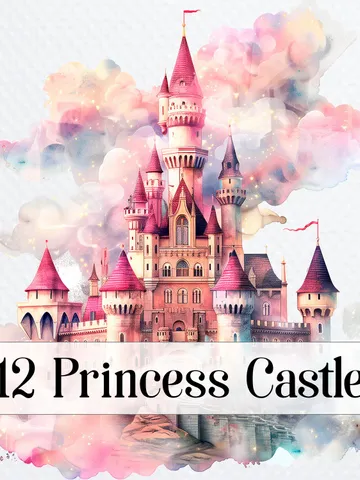 12 Princess Castle PNG Clipart, Watercolor Princess Castle In the clouds for sublimation,  Princess Castle Paper craft, Junk Journals $2.64