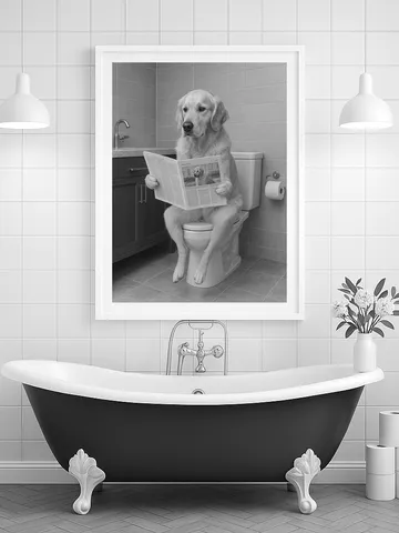 Funny Golden Retriever Bathroom Wall Art, Dog Reading on Toilet Print, Pet Lover Digital Download