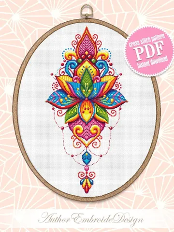 Lotus flower mandala cross stitch pattern PDF download Floral mandala embroidery PDF, Rainbow lotus cross stitch chart, Indian mandala #M198 $4.60