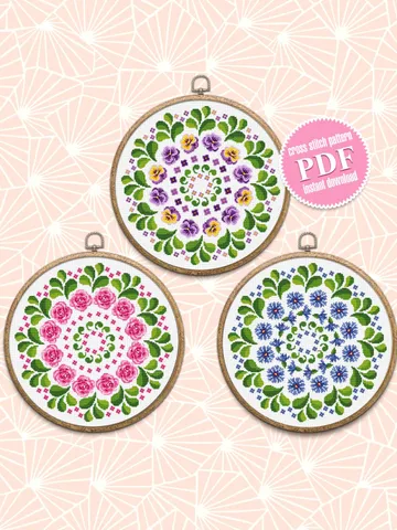 Flower mandala set cross stitch pattern download PDF Mandala pattern digital PDF, Floral cross stitch chart Mandala ornament Home decor #S38 $11.20