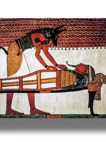 Anubis, God of the Dead, leaning over Sennutem's Mummy. Book of death artwork. $21.00
