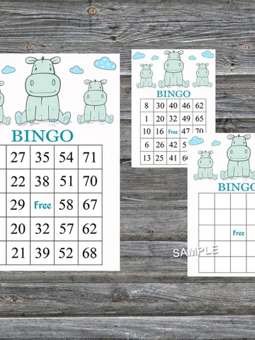 Blue hippo bingo cards,hippo bingo game,Safari printable bingo cards,60 Bingo Cards,INSTANT DOWNLOAD--185 $3.95