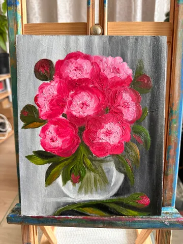 Oil Painting Bouquet of Pink Peonies in a Glass Vase Peonies Flowers Still Life Nature Wall Decor Cardboard 10x8 inches 26x21 cm $61.00