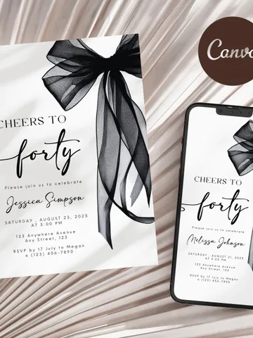 Coquette Black Bow 40th Invitation, Editable Fortieth Birthday Party Invite, DIY Digital Black Ribbon, Cheers to Forty Invite $8.00