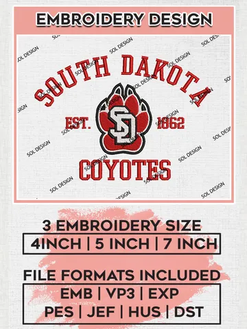 South Dakota Coyotes Est 1862 Logo Embroidery Designs, NCAA South Dakota Coyotes Team Embroidery, NCAA Team Logo, 3 sizes, Machine embroidery Files, Digital Download $6.99