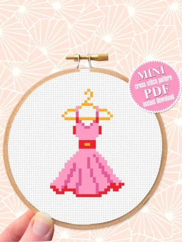 Pink dress small cross stitch pattern PDF Mini cross stitch chart, Minimalistic funny cross stitch Instant download PDF, Beginner stitch #O6 $1.60