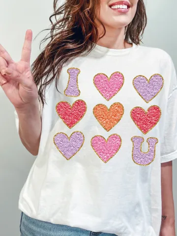 I Love U Chenille Hearts PNG Valentines Day PNG Valentines Shirt Design Faux Chenille Png Pink Purple $3.34