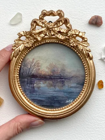 Round Forest Painting Landscape Dark Art Original Moody Victorian Painting Small Framed Wall Decor Gold Frame 4 by 4 Art $97.00
