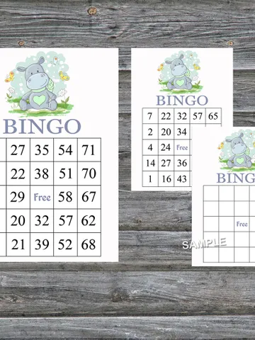 Baby Hippo bingo cards,Baby Hippo bingo game,Baby Hippo printable bingo cards,60 Bingo Cards,INSTANT DOWNLOAD--304 $3.95