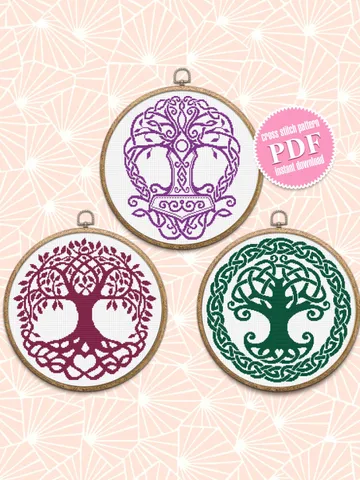 Mandala set cross stitch pattern download PDF Celtic Tree of life cross stitch chart, Monochrome tree cross stitch Celtic knot ornament #S39 $11.50