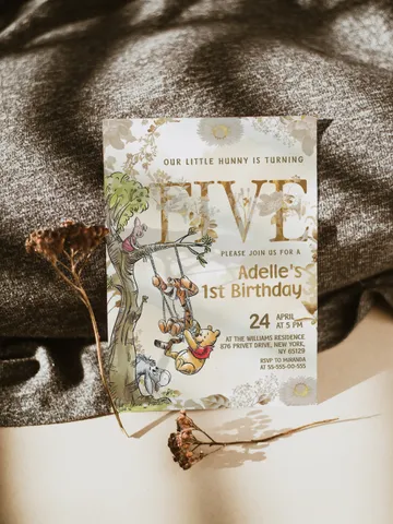 5th Birthday Winnie the Pooh Inspired ; Classic Winnie Pooh Invitations; Neutral Winnie Pooh Turning five; Winnie Pooh Birthday Party poom88 $3.00