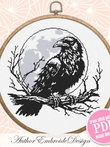 Raven cross stitch pattern PDF download Woodcut crow cross stitch chart, Gothic pattern digital PDF, Full moon, Halloween pattern #L88 $4.50