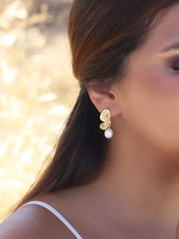 Gold 18K Butterfly Wedding Earrings, Freshwater Pearl Bridal Earrings, Bohemian style Jewellery , Minimalist Bride , Boho Bridal Earrings, $83.00
