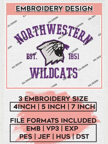 Northwestern Wildcats Est 1851 Embroidery Designs, NCAA Northwestern Wildcats Team Embroidery, NCAA Team Logo, 3 sizes, Machine embroidery Files, Digital Download $6.99