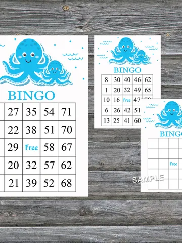 Blue Octopus bingo cards,Octopus bingo game,Octopus printable bingo cards,60 Bingo Cards,INSTANT DOWNLOAD--191 $3.95