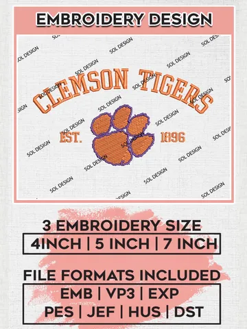 Clemson Tigers Est 1896 Embroidery Designs, NCAA Clemson Tigers Team Embroidery, NCAA Team Logo, 3 sizes, Machine embroidery Files, Digital Download $6.99