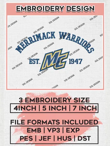 Merrimack Warriors Est 1947 Embroidery Designs, NCAA Merrimack Warriors Team Embroidery, NCAA Team Logo, 3 sizes, Machine embroidery Files, Digital Download $6.99