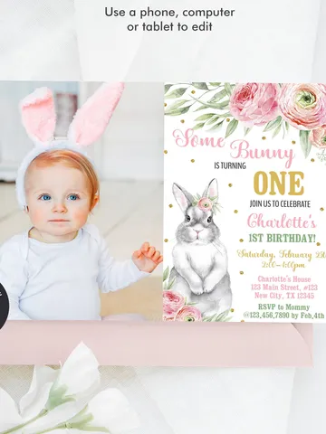 Bunny Birthday Invitation Girl 1st Birthday Invitation, Some Bunny Birthday Invitation with photo Instant Download, Editable Template $7.00