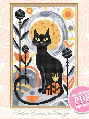 Boho cat cross stitch pattern PDF download Boho cross stitch chart, Abstract pattern digital PDF, Black cat embroidery, Boho wall decor #K21 $4.80