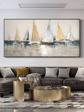 Abstract Sailboats Painting on Canvas,Original Painting,Golden Sailboats Art,Ocean Art,Bedroom Wall Art,Large Painting,Gift for Housewarming $147.97