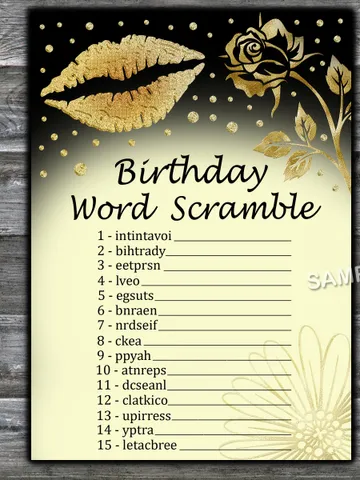 Gold Glitter Lips Birthday Word Scramble Game,Adult Birthday party game-fun games for her-Instant download $1.75